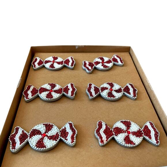 Tahari Beaded Peppermint Candy Napkin Rings Set of 6 Red White Christmas Holiday - Picture 4 of 5